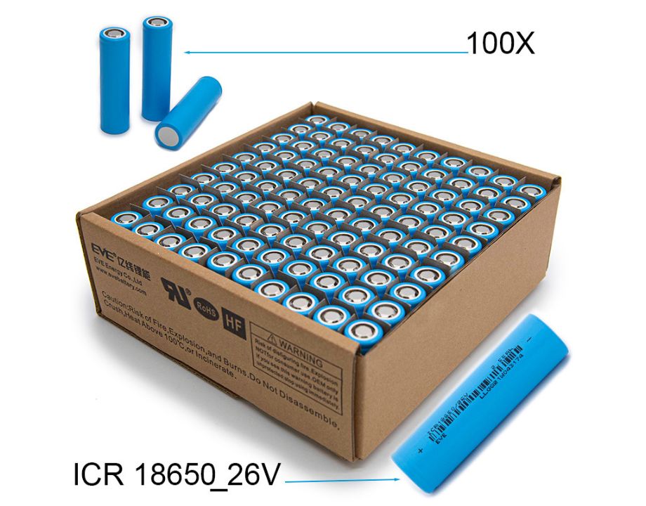 Celda Lí-ION EVE ICR18650-26V 2550mAh – 7.65A – CAJA DE 100 UDS. Celda Lí-ION EVE ICR18650-26V 2550mAh – 7.65A – CAJA DE 100 UDS.