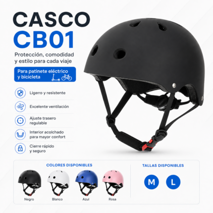 Casco CB01 para patinete eléctrico y bicicleta disponible en colores negro, blanco, azul y rosa