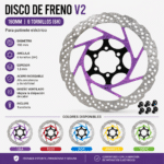 Disco de freno V2 160 mm 6 tornillos (6H) para patinete eléctrico disponible en lila, rojo, azul, amarillo y verde.