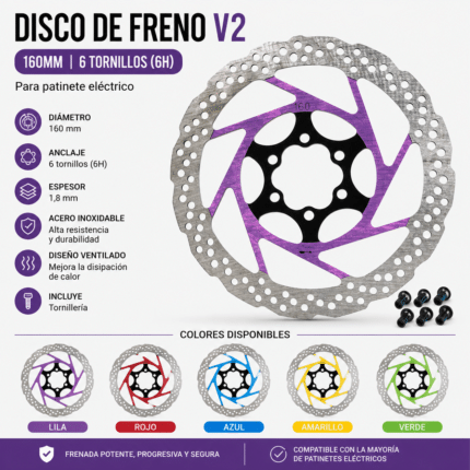 Disco de freno V2 160 mm 6 tornillos (6H) para patinete eléctrico disponible en lila, rojo, azul, amarillo y verde.