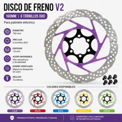 Disco de freno V2 160 mm 6 tornillos (6H) para patinete eléctrico disponible en lila, rojo, azul, amarillo y verde.