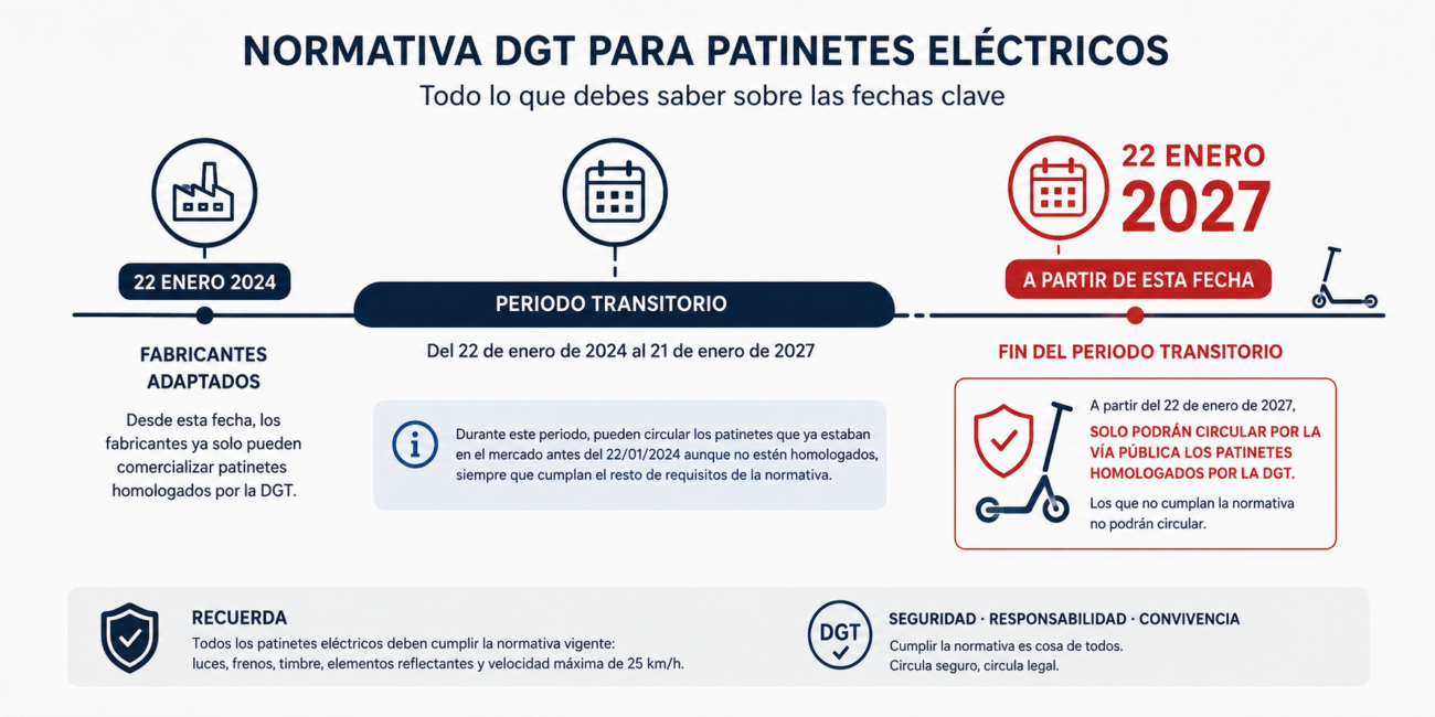 Infografía del periodo transitorio de la normativa DGT para patinetes eléctricos desde el 22 de enero de 2024 hasta el 21 de enero de 2027