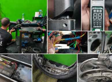 Collage de averías comunes en patinetes eléctricos y reparaciones reales realizadas en taller