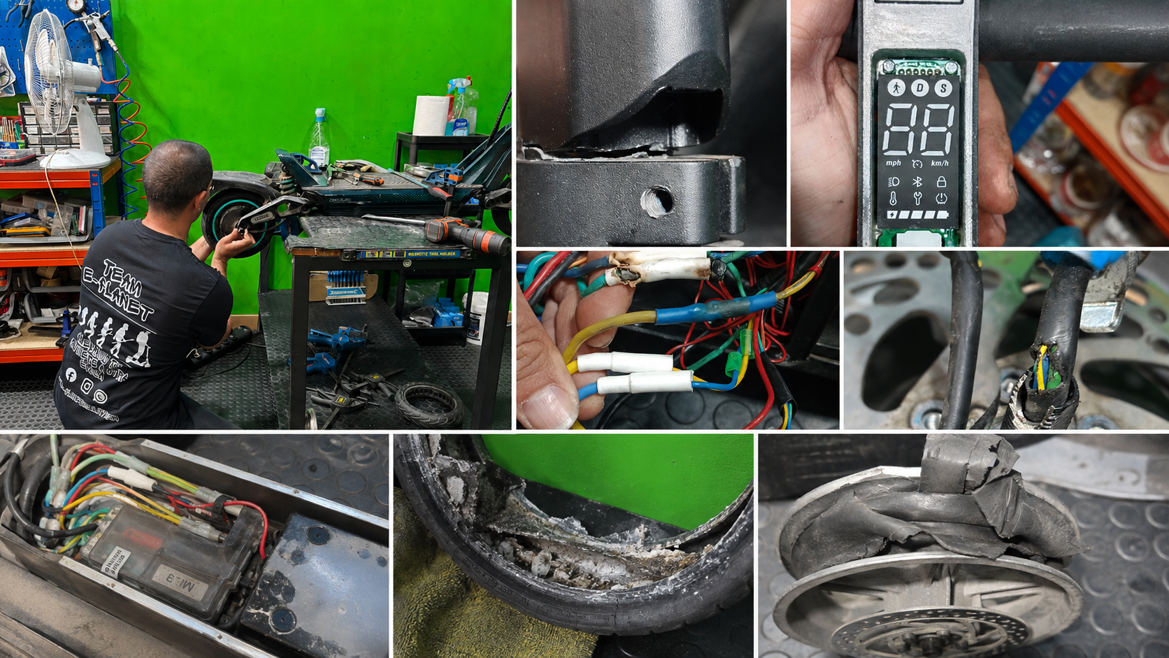 Collage de averías comunes en patinetes eléctricos y reparaciones reales realizadas en taller