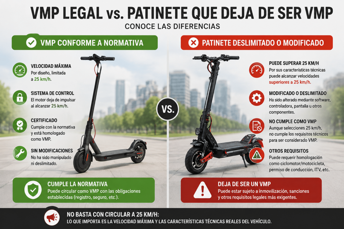VMP legal vs patinete deslimitado o modificado Comparativa entre un VMP legal y un patinete deslimitado que puede dejar de ser VMP