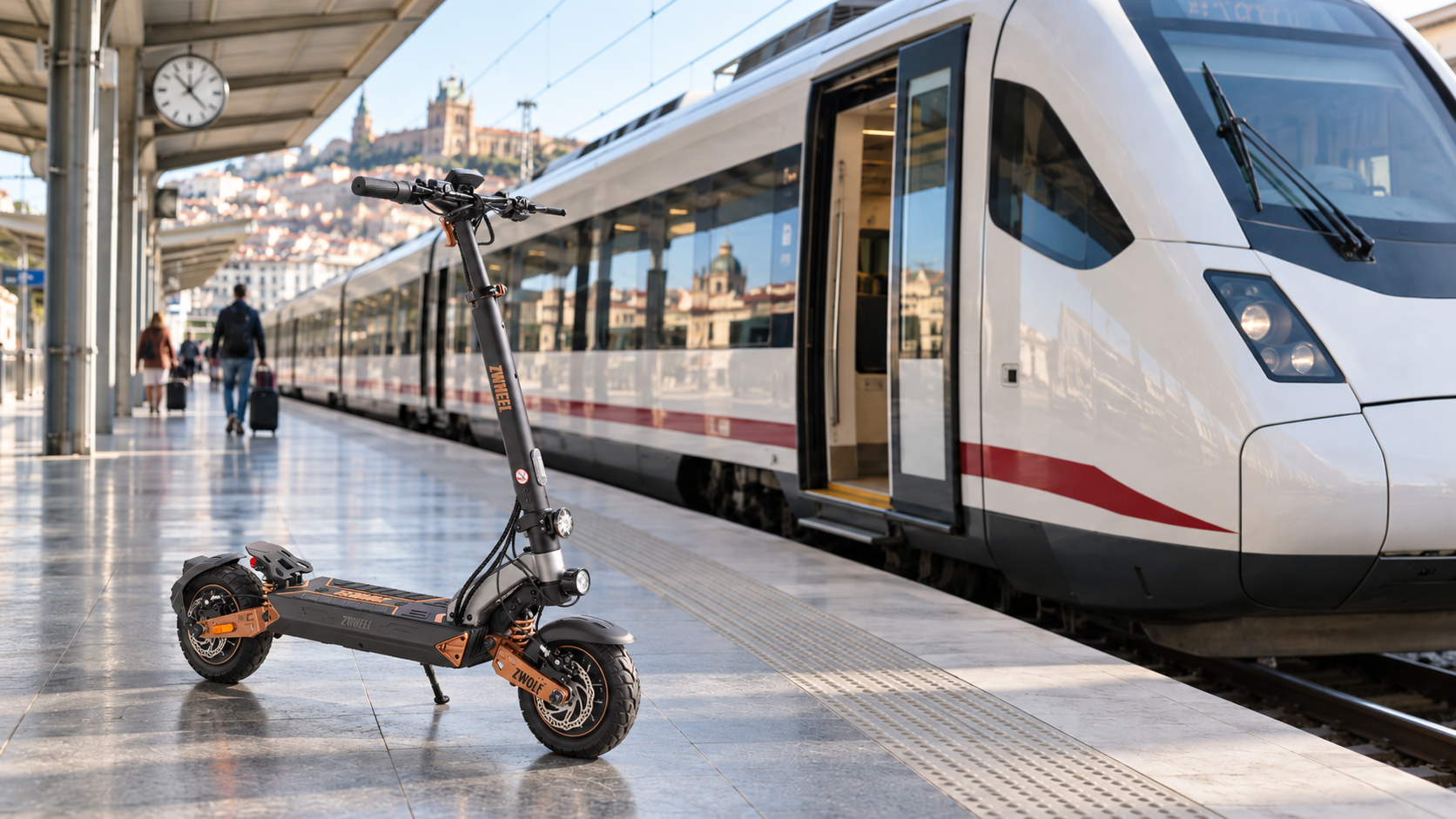 Patinete eléctrico junto a un tren de Renfe