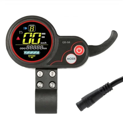 Display QS-S4 36-72V con acelerador de índice, pantalla digital, botones de control y conector waterproof de 6 pines.
