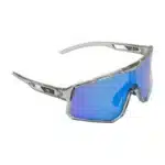 Gafas deportivas polarizadas URHO con lente azul espejo y montura transparente vistas de perfil