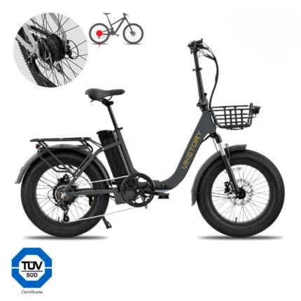 Viketory GRANIT bicicleta eléctrica fatbike plegable en color gris grafito con cesta delantera y portaequipajes trasero